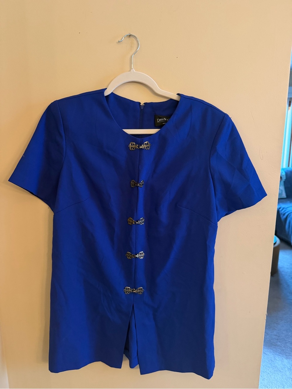 Danielle Casey Cobalt Blue Tunic Top Silver Frog Closures Made USA M
